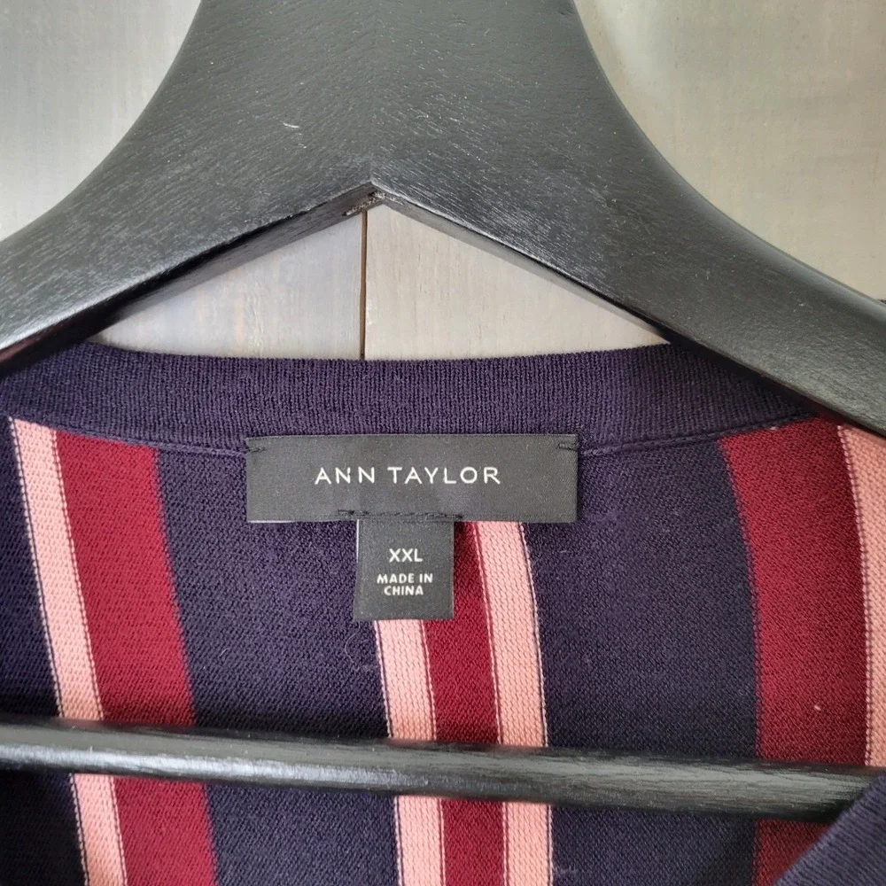 Ann Taylor Cardigan Women XXL Navy Pink‎ Burgundy Stripe Button Front Career